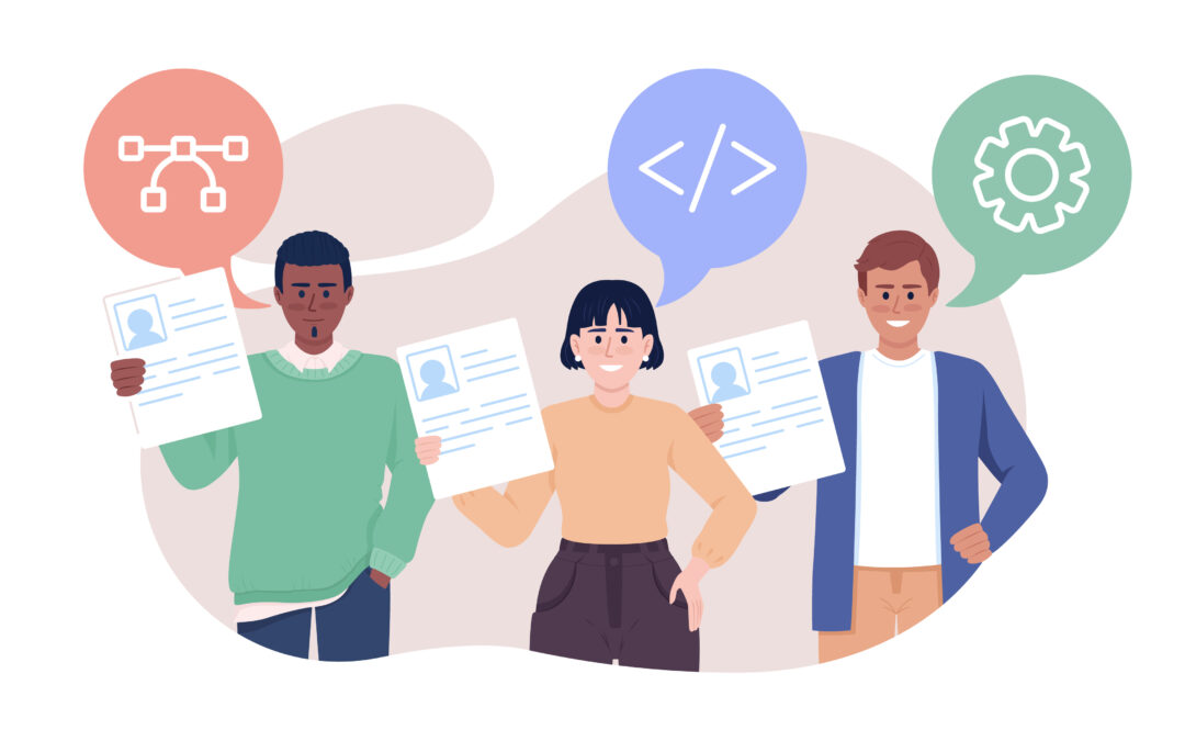 This is an illustrated depiction of tech interns at procare. On the left is a black male in a green sweater, in the middle is a woman wearing a tan sweater, and on the right is a taller man wearing a white tshirt underneath a blue button-down shirt. Each figure is smiling, and has a tech-related icon emanating from a speech bubble next to their face.
