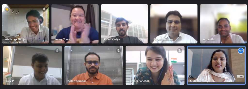 This is a screenshot of 9 ProCARE team members in India taking part in a Zoom celebration of India's Independence Day. 