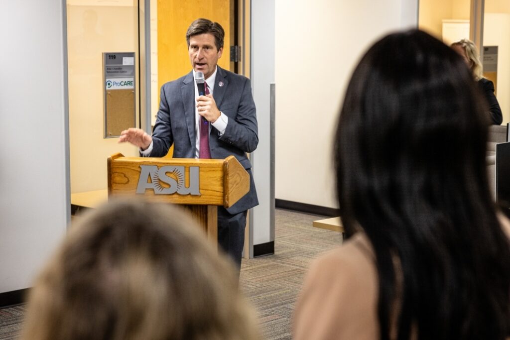 Congressman Greg Stanton speaking at the re-opening event for ASU's Chandler Innovations Center.